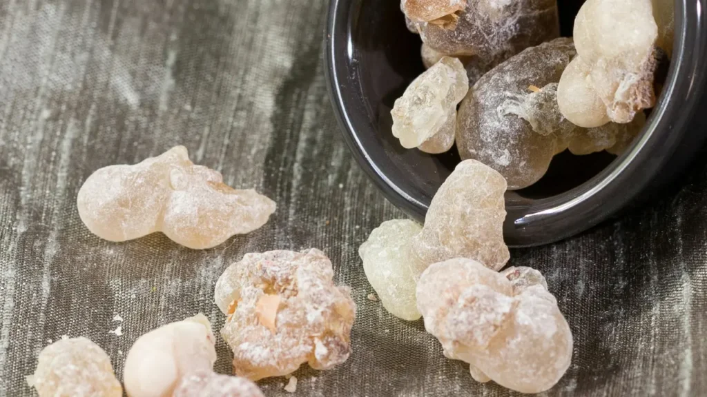 Resinous material like raw frankincense or myrrh