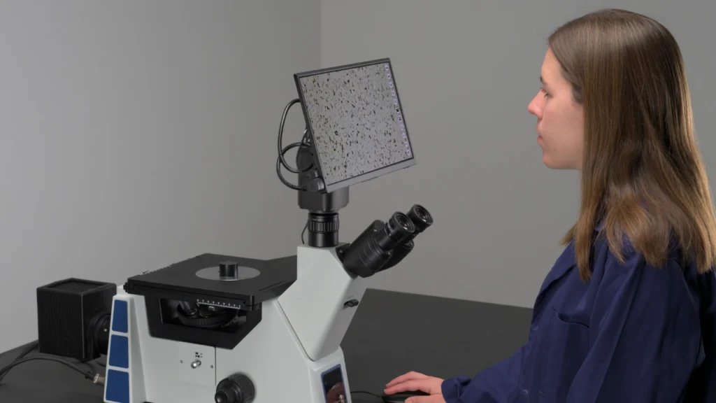 Metallurgist using inverted microscope with attached digital display