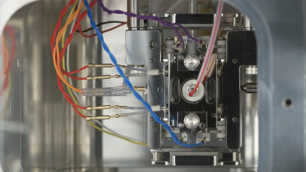 Mirando dentro de la fuente de iones de un espectrómetro de masas conectada con cables