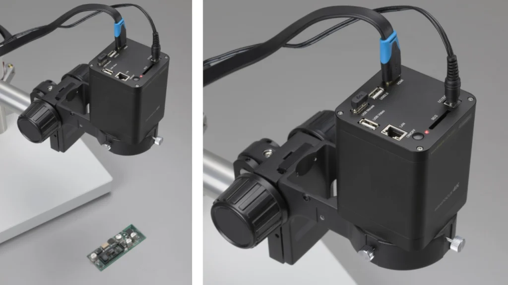 Collage de imágenes del microscopio digital LECO 4K que muestra un primer plano del microscopio y la configuración con la muestra