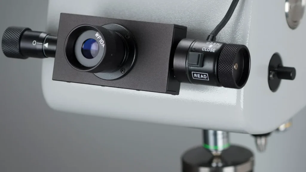 Optical eyepiece for hardness tester adjustments