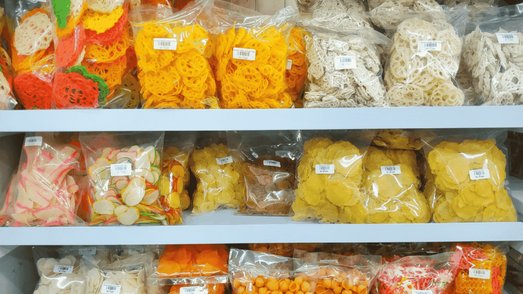 Packaged food on grocery store shelves