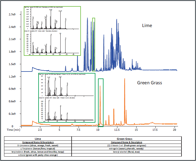 two graphs comparing chromatographic peaks for lime-flavored and grass-flavored jelly beans
