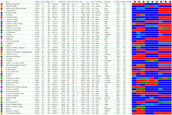 Tableau de données GCxGC utilisant une carte thermique en couleur pour identifier les concentrations de composés aromatiques du cacao