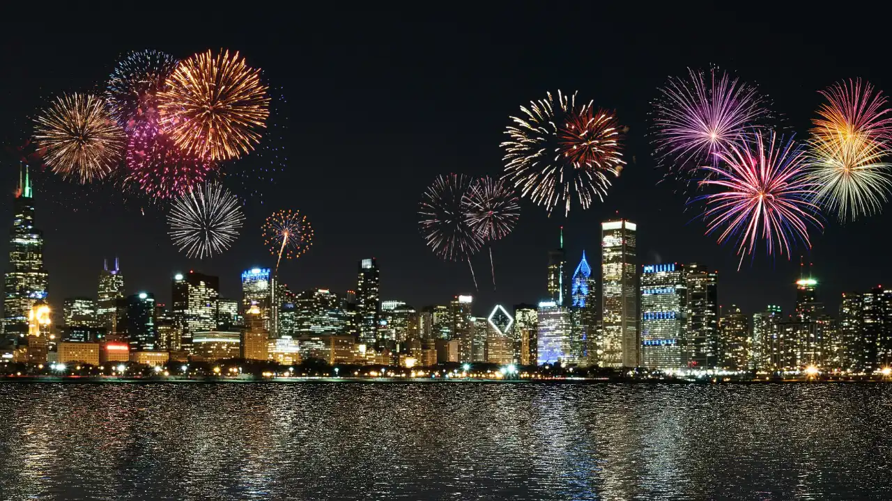 Fireworks over Chicago, IL (USA), taken from Lake Michigan