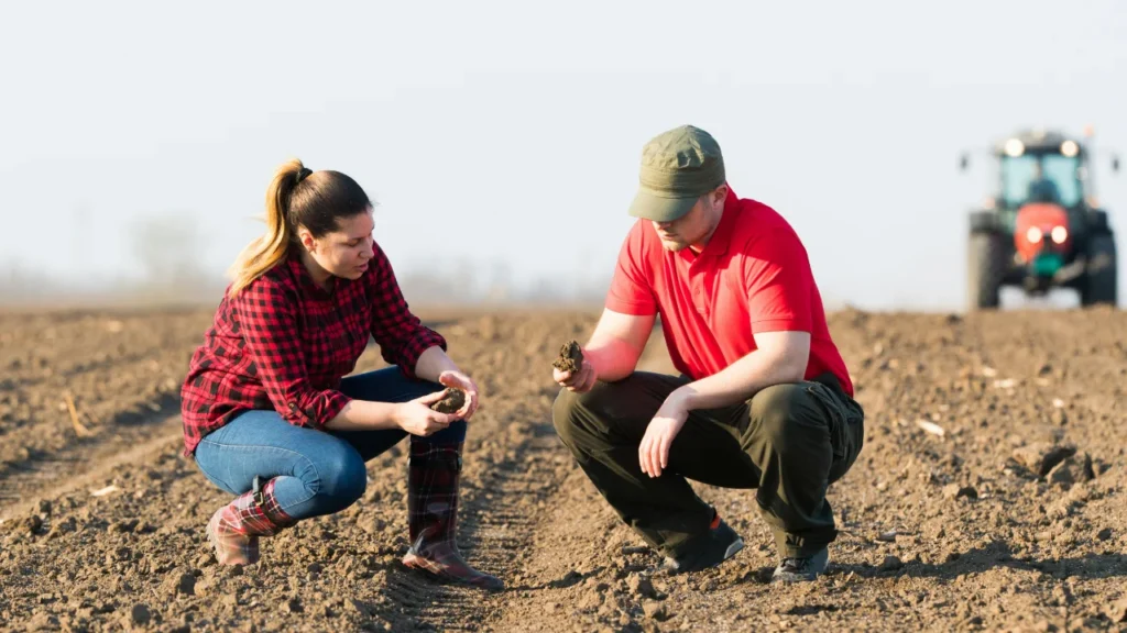 Two farmers discuss soil health