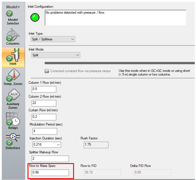 Captura de pantalla del software ChromaTOF que muestra los cálculos de separación de flujo integrados